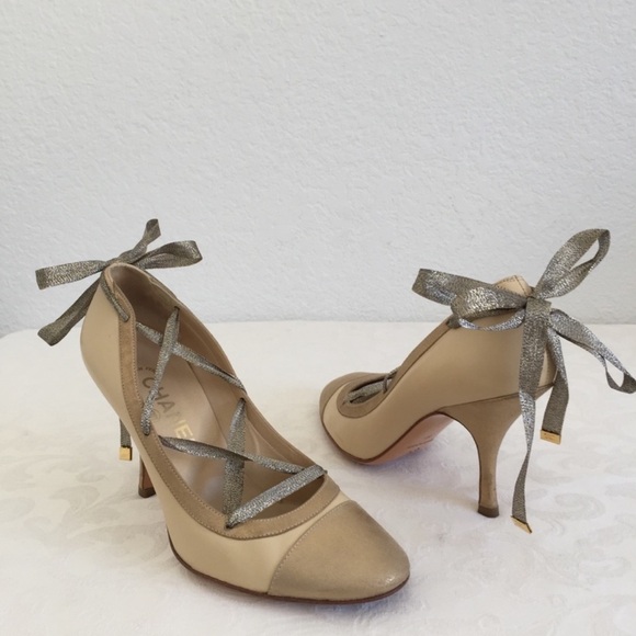 Vintage Chanel Beige & Gold Lace Up Ballerina Cap Toe Pumps - Picture 4 of 5